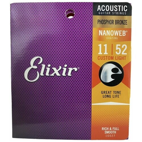 16027 NANOWEB Комплект струн для акустической гитары, Custom Light, фосфорная бронза, 11-52, Elixir ELIXIR