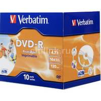 Оптический диск DVD-R Verbatim 4.7ГБ 16x, 10шт., jewel case, printable [43521]
