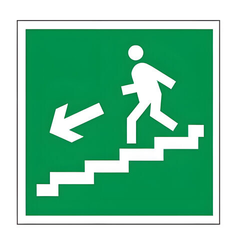 Знак эвакуационный Направление к эвакуационному выходу по лестнице НАЛЕВО вниз квадрат 200х200 мм самоклейка 610019