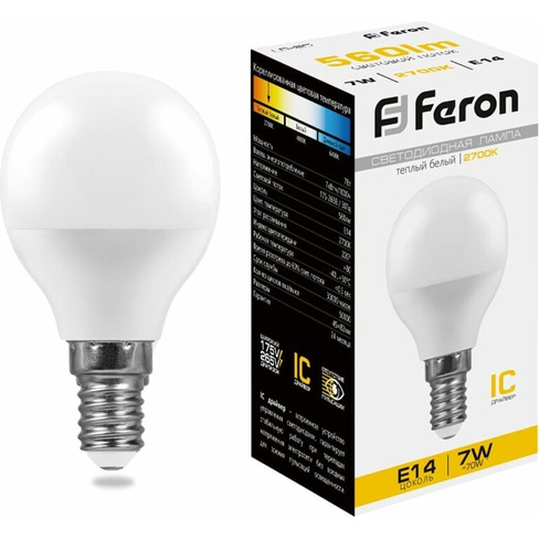 Светодиодная лампа FERON LB-95 Шарик E14 7W 2700K