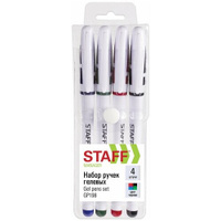 Ручки гелевые с грипом STAFF "Manager", набор 4 цвета, корпус белый, узел 0,5 мм, 142395
