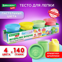 Пластилин-тесто для лепки BRAUBERG KIDS, 4 цвета, 560 г, пастельные цвета, крышки-штампики, 106717