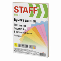 Бумага цветная STAFF "Profit" малого формата (148х210 мм), А5, 80 г/м2, 100 л. (5цв. х 20 л.), цветная пастель, для офис