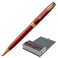 Ручка шариковая PARKER "Sonnet Core Intense Red Lacquer GT", корпус красный глянцевый лак, позолоченные детали, черная,