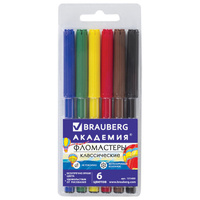 Фломастеры BRAUBERG "Академия", 6 цветов, вентилируемый колпачок, ПВХ упаковка, 151409