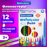 Фломастеры BRAUBERG "PREMIUM", 12 цветов, УЛЬТРАСМЫВАЕМЫЕ, классические, вентилируемый колпачок, картонная коробка с евр