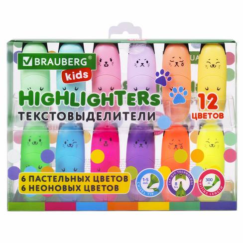 Набор текстовыделителей мини 12 цветов BRAUBERG KIDS "CUTE CATS", линия 1-5 мм, 152437