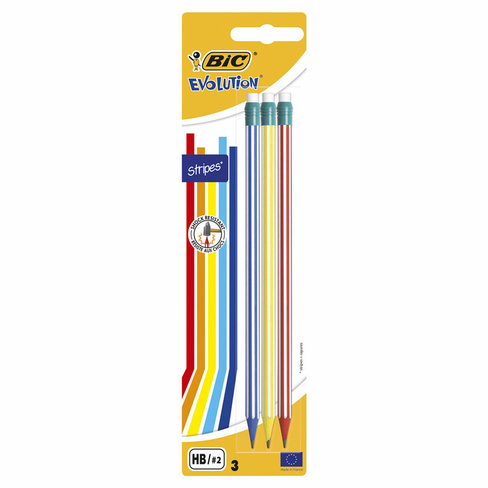 Карандаши чернографитные BIC Evolution "Stripes", набор 3 шт., HB, с ластиком, блистер, 8902781