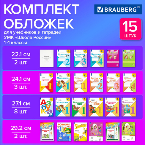 Обложки ПВХ для тетрадей и учебников, набор 15 шт., плотные, 110 мкм, универсальные, прозрачные, BRAUBERG, 271263