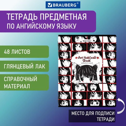 Тетрадь предметная "ANIME" 48 л., глянцевый УФ-лак, АНГЛИЙСКИЙ ЯЗЫК, клетка, BRAUBERG, 404534