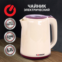 Чайник SONNEN KT-002, 1,7 л, 2200 Вт, закрытый нагревательный элемент, пластик, бежевый/красный, 451711