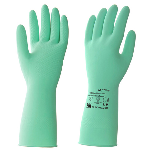 Перчатки латексные КЩС, сверхпрочные, плотные, хлопковое напыление, размер 7,5-8 M, средний, зеленые, HQ Profiline, 7358